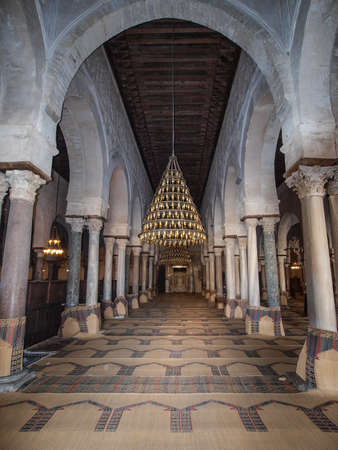 A view into the prayer room in the Great Mosque in Kairouan.  A UNESCO world heritage site.のeditorial素材