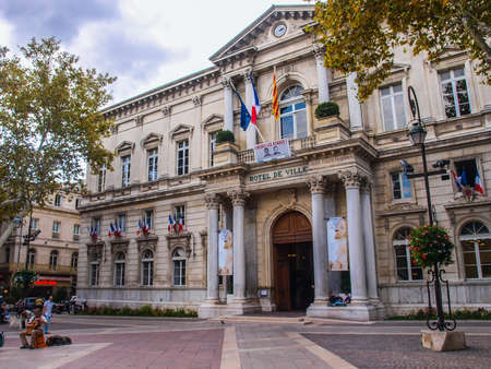 Front view of the Hotel De Ville in the main square of Avignon in October.のeditorial素材