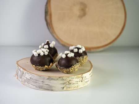 Sâ€™mores cake balls decorated with mini marshmallows and crushed graham crackers sitting on a...
