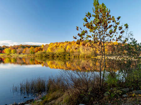 Keystone Lake in Keystone State Park in West Moreland County in the Laurel Highlands of Pennsylvania in the fall right before sunset with the fall foliage and trees reflecting in the water.の写真素材
