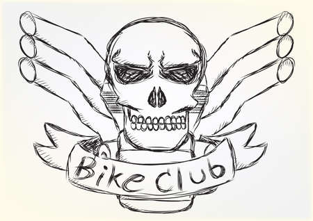 Motorcycle patch skull design sketch style. Illustration Vector. Use for sticker, patch, badge and other design.のイラスト素材