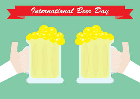 Happy international beer day.  Let's go to party.  Beer mugs on yellow backgroundのイラスト素材