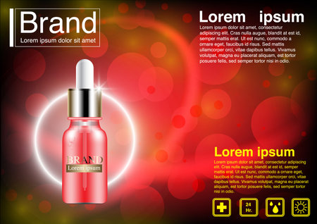 3D realistic cosmetic bottle ads template. Cosmetic brand advertising concept design with glitters and bokeh background.のイラスト素材