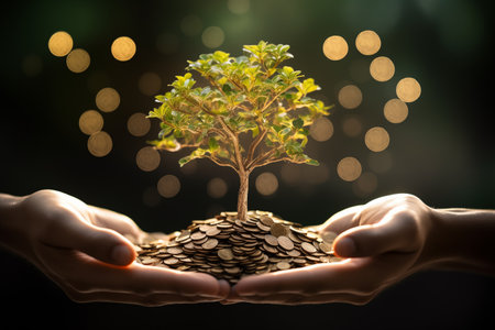 The tree grows on the pile coin in hand. Business success concept by Generative AI.の素材