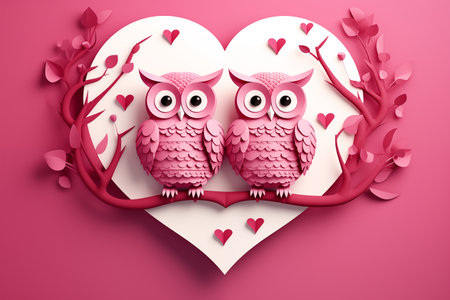 A couple of owl on Valentine's Day. Papercut style illustration by Generative AIの素材