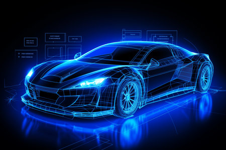 Blueprint blue neon car technology background by Generative AIの素材