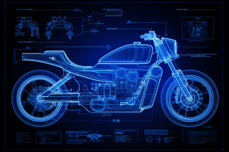 Blueprint blue neon motorbike technology background by Generative AIの素材