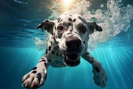 A Dalmatian leaps into a pool by Generative AIの素材