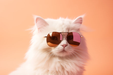 White fluffy cat in sunglasses by Generative AIの素材