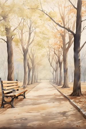 watercolor bench in footpath by Generative AIの素材