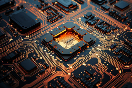 Microscopic view of computer chip circuits by Generative AIの素材