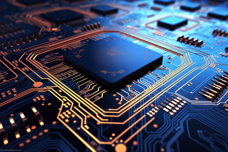 Microscopic view of computer chip circuits by Generative AIの素材