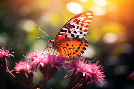 Closeup of a vibrant butterfly on a blooming flower, with a blurred or bokeh background of a lush forest by Generative AIの素材