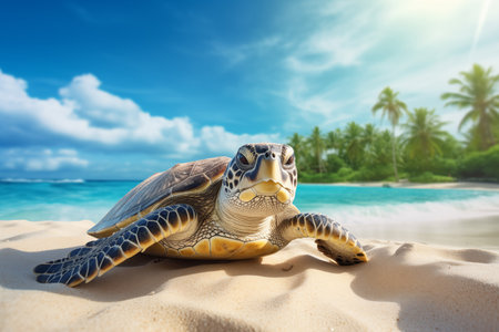 A sea turtle on the beach by Generative AIの素材