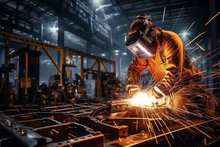 Industrial welder in a factory by Generative AIの素材