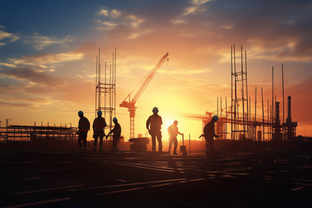 Silhouette of engineers and construction crew working at site over pastel-colored sunset, blurred background. For an industrial background with light fair by Generative AIの素材