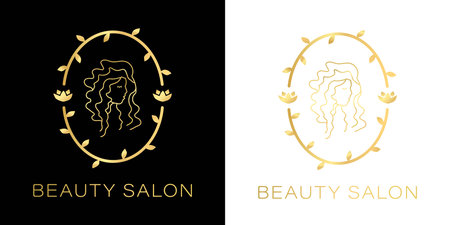 Vector illustration of a beautiful feminine woman with long hair on a black and white background. Luxury gold gradient logo template for hair and beauty salon, cosmetic proceduresのイラスト素材