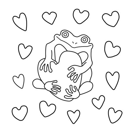 Cute frog with little hearts in doodle style for Valentine's Day. Vector illustration on a white background. Can be used for decoration, cover, greeting cardのイラスト素材