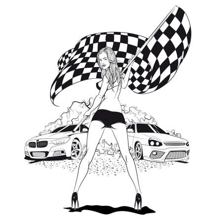 Street Racing. Sexy sport girl with starting the checkered flag. Auto Motor Racingのイラスト素材