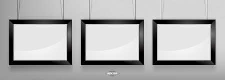 Black photo frame Mockup Vector Illustration. Empty red photo frames mockup on a concrete wallのイラスト素材