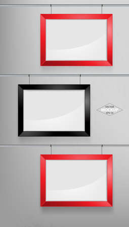 Black photo frame mock-up vector illustration. Empty red photo frames mock-up on a concrete wall.のイラスト素材