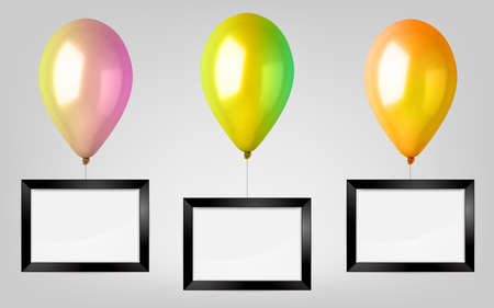 Set of realistic colorful balloons with black blank frame.のイラスト素材