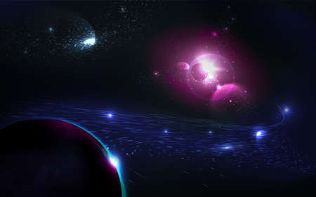 Colorful Nebula in Space Background. Glowing planet in starlight. Realistic cosmic vector...