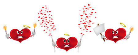 Set of red cartoon heart with crackers and tinsel. Vector smiling characters for your greeting card or presentation. A symbol of love and romance.のイラスト素材
