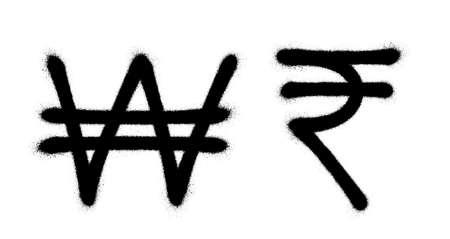 Currency icons set. Black spray graffiti symbol of currency over white background vector illustration.のイラスト素材