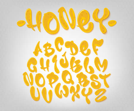 Honey hand drawn typeset, sweet alphabet, vector illustration.のイラスト素材