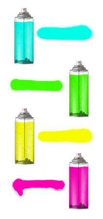Colorful aerosol spray can set with spray paint. Vector illustration on white background. Transparent effect.のイラスト素材