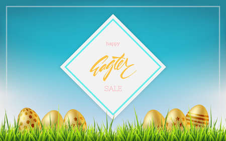 Golden easter eggs on a grass. Easter sale background. Eps10 vector.のイラスト素材