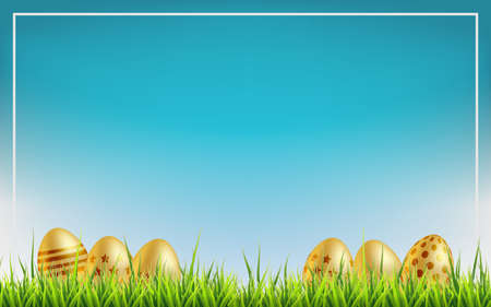 Easter sale background. Golden Easter eggs on a grass. Vector illustration.のイラスト素材