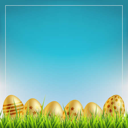 Golden easter eggs on a grass. Easter sale background. Eps10 vector.のイラスト素材