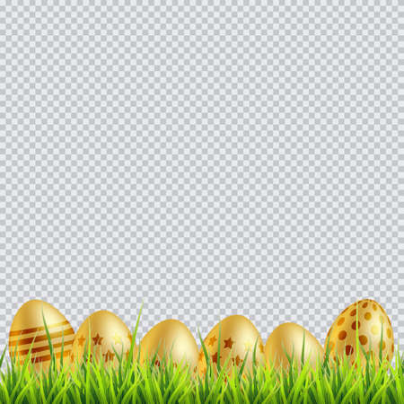 Golden Easter eggs on a grass. On transparent background. Vector illustration.のイラスト素材