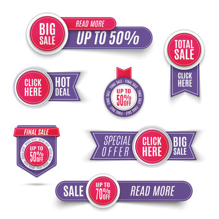 Ultra violet promotion badge icons, retail sign collection, best price business poster. Set of ultra violet banner elements, vector offer tag collection, discount label design, sale web coupons. Eps 10のイラスト素材