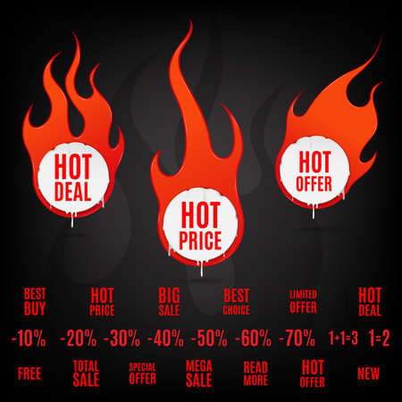 Fire and flame sale clearance and hot deal text labels flat icon setのイラスト素材
