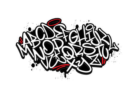 Handwritten graffiti font alphabet. Set on black background.のイラスト素材