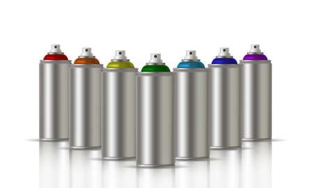 Metallic cans of spray paint in various colors. Colors of Rainbow. Vector illustrationのイラスト素材