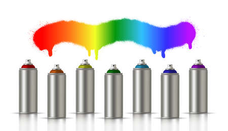 Metallic cans of spray paint in various colors. Colors of Rainbow. Vector illustrationのイラスト素材