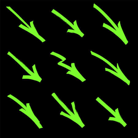 Set of graffiti arrows drawn by a green marker on black background. Vector illustration EPS 10のイラスト素材