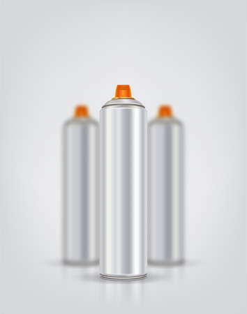 Silver spray can for graffiti on a background of blurred spray cans. Vector illustration with reflection and shadow.のイラスト素材