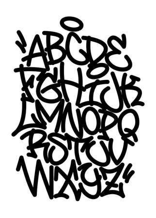 Handwritten graffiti font alphabet. Set in black on white background.のイラスト素材
