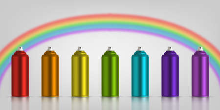 Metallic cans of spray paint in various colors. Colors of rainbow. Vector illustration