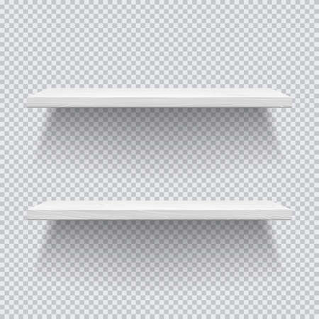 Two white wooden shelves. Template for your projects. Vector illustration on transparent backgroundのイラスト素材