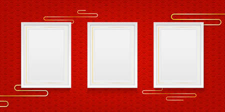 Three realistic white photo or photo frame on red background in chinese style. Vector illustration EPS 10のイラスト素材