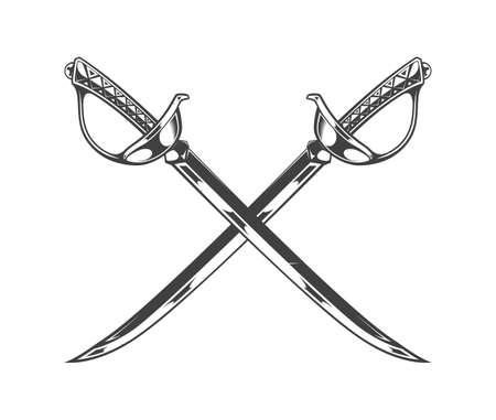 Vintage monochrome crossed sabers illustration. Isolated vector templateのイラスト素材