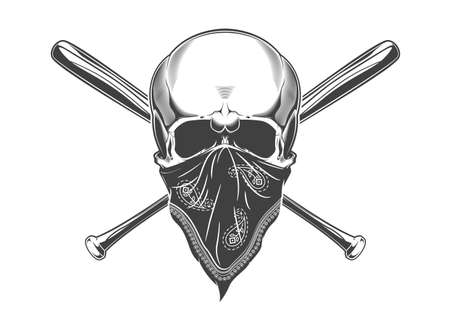 Vintage monochrome skull with bandana and crossed baseball bats illustration. Isolated vector templateのイラスト素材