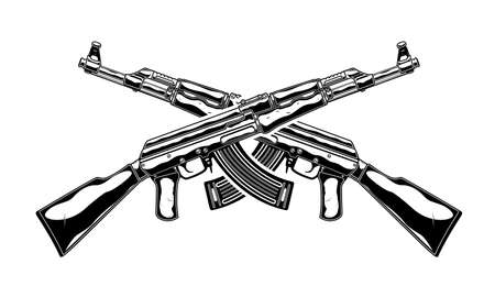 Monochrome detailed illustration of crossed   assault rifle. Isolated vector templateのイラスト素材
