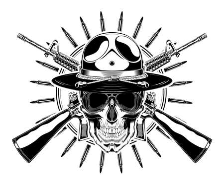 Monochrome skull with police headdress, sunglasses and crossed rifles illustration. Isolated vector templateのイラスト素材
